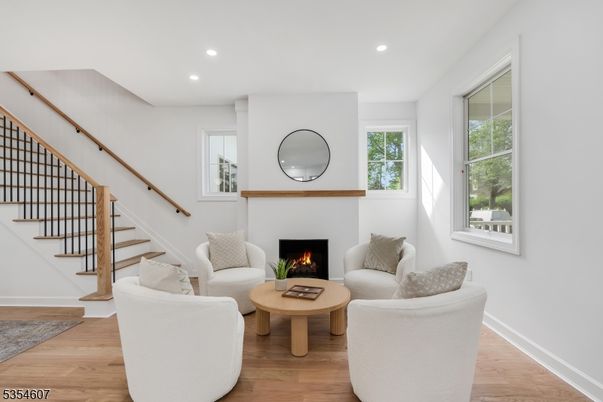 Fireplace, Interior, Living room, Recessed Lighting, Wood Texture Flooring