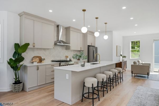 Interior, Kitchen, Living room, Pendant Lights, Recessed Lighting, Stainless Steel Appliances, Wood Texture Flooring