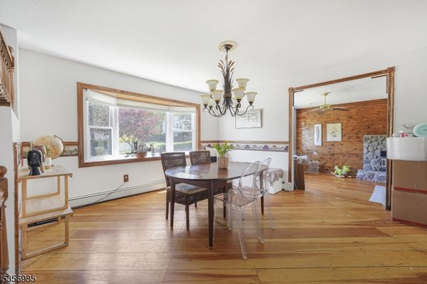 Chandelier, Dining room, Interior, Stone Walls, Wood Texture Flooring