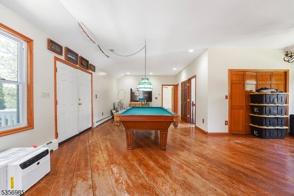 Billiard Table, Game Room, Interior, Pendant Lights, Recessed Lighting, Wood Texture Flooring