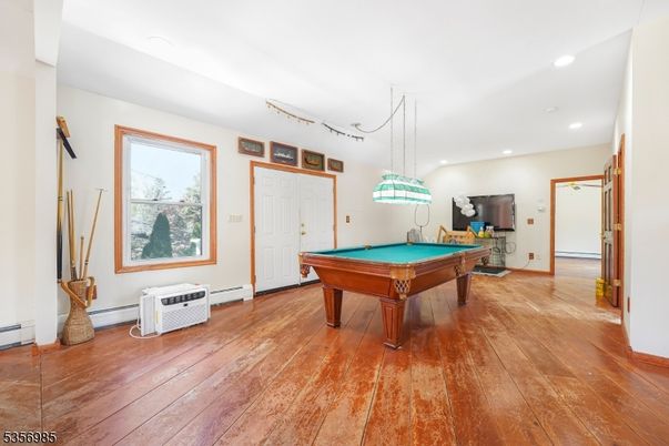 Billiard Table, Game Room, Interior, Pendant Lights, Recessed Lighting, Wood Texture Flooring