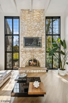 Fireplace, Interior, Living room, Stone Walls, Wood Texture Flooring