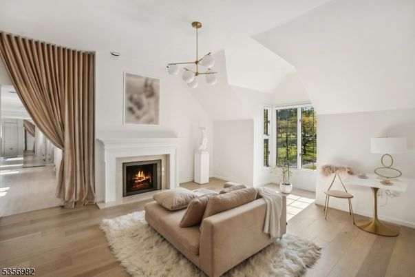 Fireplace, Interior, Living room, Pendant Lights, Wood Texture Flooring