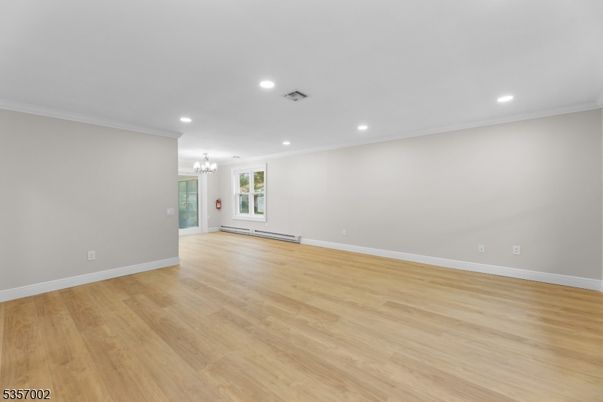 Chandelier, Empty room, Interior, Recessed Lighting, Wood Texture Flooring