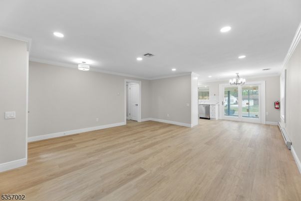 Chandelier, Empty room, Interior, Recessed Lighting, Wood Texture Flooring