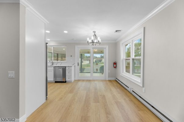 Chandelier, Interior, Kitchen, Recessed Lighting, Wood Texture Flooring