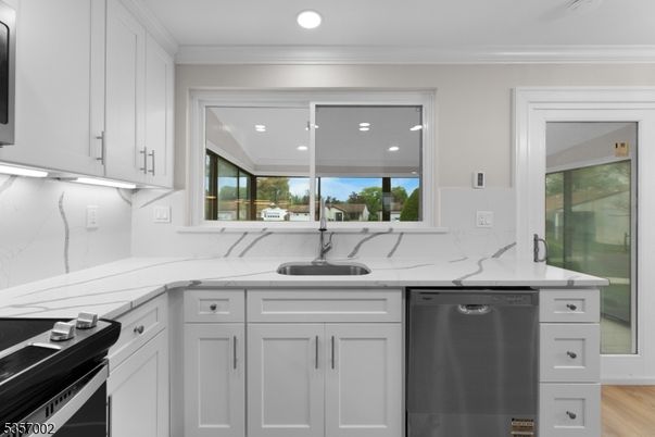 Interior, Kitchen, Recessed Lighting, Stainless Steel Appliances, Wood Texture Flooring