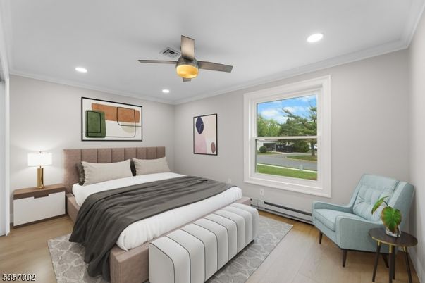 Bedroom, Interior, Recessed Lighting, Wood Texture Flooring