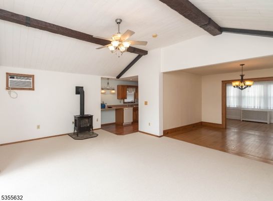 Chandelier, Empty room, Fireplace, Interior, Kitchen, Pendant Lights, Wooden Beams, Wood Texture Flooring