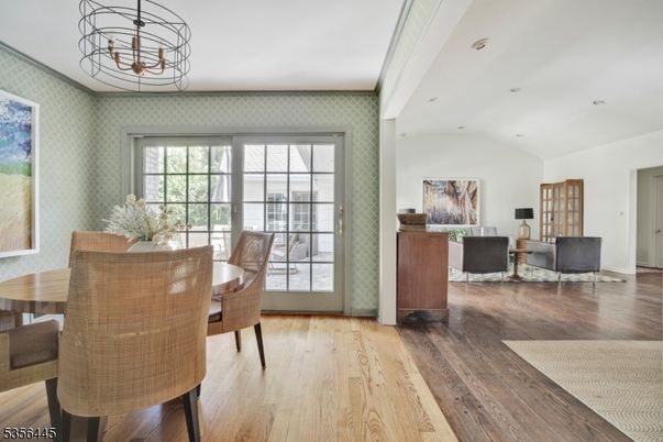 Chandelier, Dining room, Interior, Living room, Recessed Lighting, Wood Texture Flooring