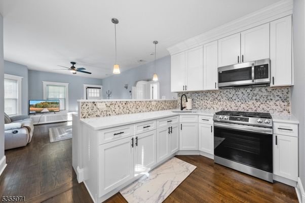 Interior, Kitchen, Pendant Lights, Stainless Steel Appliances, Wood Texture Flooring