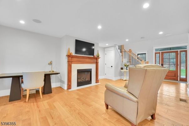 Dining room, Fireplace, Interior, Recessed Lighting, Wood Texture Flooring