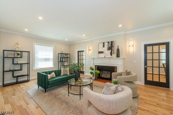 Fireplace, Interior, Living room, Recessed Lighting, Wood Texture Flooring