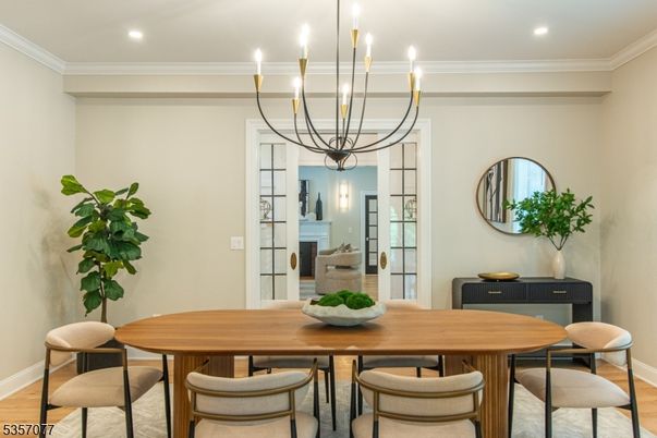 Chandelier, Dining room, Fireplace, Interior, Recessed Lighting, Wood Texture Flooring