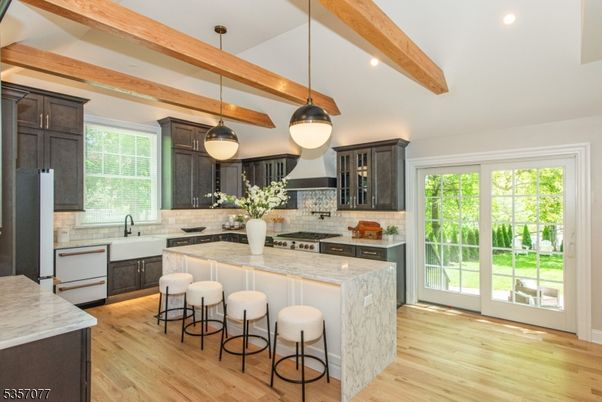 Interior, Kitchen, Pendant Lights, Recessed Lighting, Wooden Beams, Wood Texture Flooring