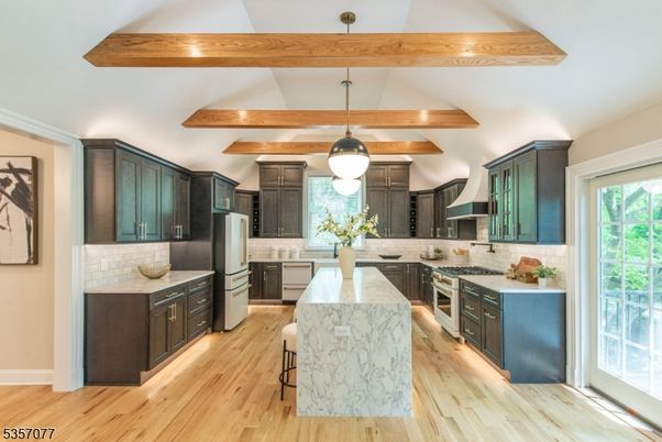 Interior, Kitchen, Pendant Lights, Stainless Steel Appliances, Wooden Beams, Wood Texture Flooring
