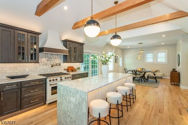 Dining room, Interior, Kitchen, Pendant Lights, Recessed Lighting, Stainless Steel Appliances, Wooden Beams, Wood Texture Flooring