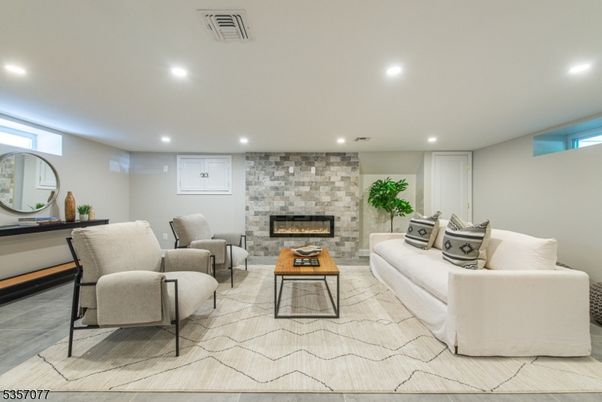 Fireplace, Interior, Living room, Recessed Lighting, Stone Walls