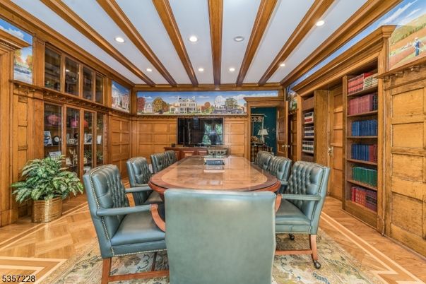 Dining room, Interior, Recessed Lighting, Wooden Beams, Wood Texture Flooring