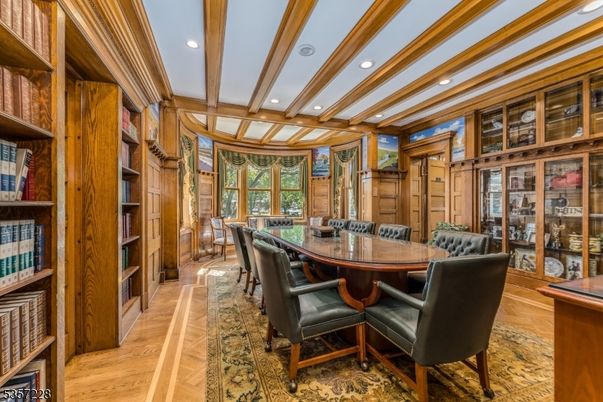 Dining room, Interior, Recessed Lighting, Wooden Beams, Wood Texture Flooring