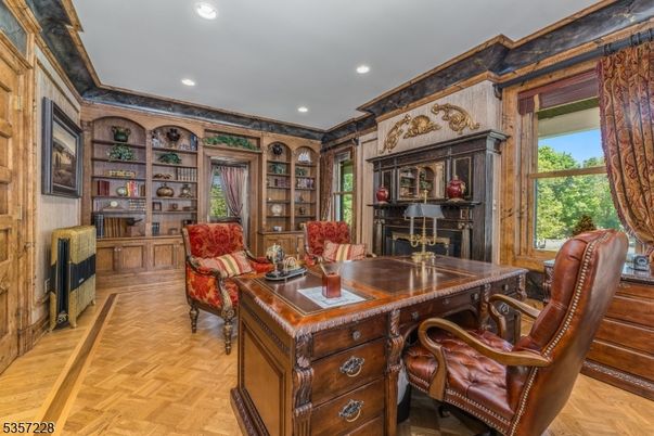 Fireplace, Home Office, Interior, Recessed Lighting, Wood Texture Flooring