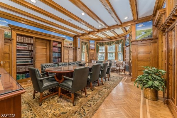 Dining room, Interior, Recessed Lighting, Wooden Beams, Wood Texture Flooring, Wooden Walls