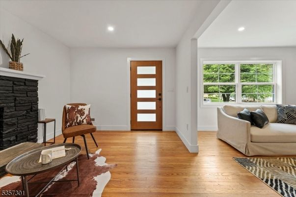 Fireplace, Interior, Recessed Lighting, Wood Texture Flooring