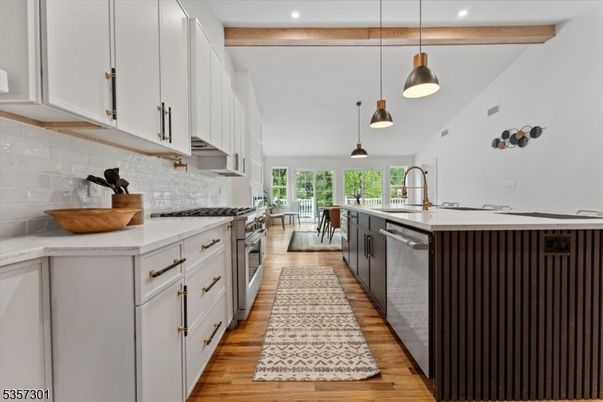 Interior, Kitchen, Pendant Lights, Recessed Lighting, Stainless Steel Appliances, Wooden Beams, Wood Texture Flooring