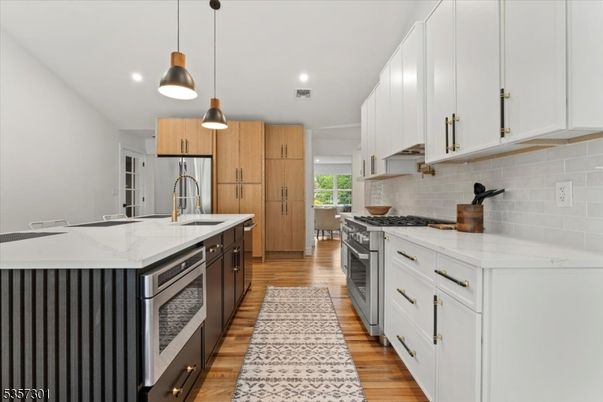 Interior, Kitchen, Pendant Lights, Recessed Lighting, Stainless Steel Appliances, Wood Texture Flooring