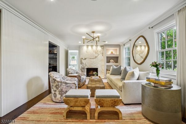 Fireplace, Interior, Living room, Pendant Lights, Recessed Lighting, Wood Texture Flooring