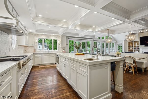 Chandelier, Interior, Kitchen, Pendant Lights, Recessed Lighting, Stainless Steel Appliances, Wood Texture Flooring