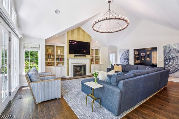 Fireplace, Interior, Living room, Pendant Lights, Recessed Lighting, Wood Texture Flooring