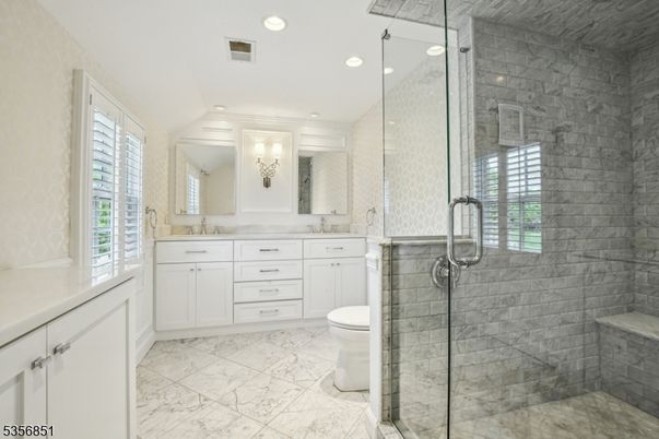 Bathroom, Dual Sink Vanities, Glass Shower, Interior, Marble, Recessed Lighting