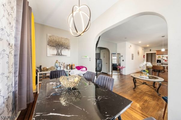 Dining room, Interior, Pendant Lights, Recessed Lighting, Wood Texture Flooring