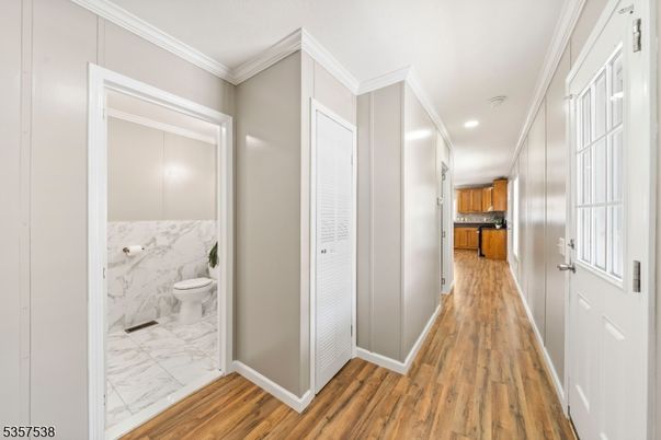 Interior, Kitchen, Marble, Marble Walls, Recessed Lighting, Wood Texture Flooring