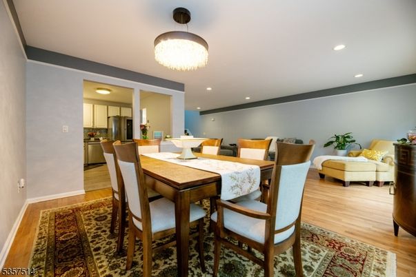 Chandelier, Dining room, Interior, Kitchen, Recessed Lighting, Wood Texture Flooring