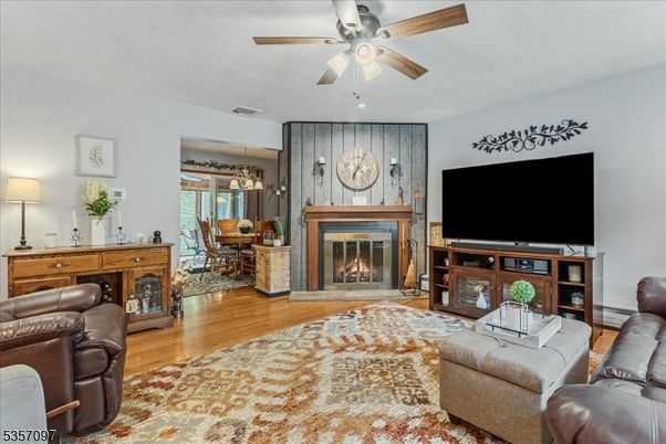 Dining room, Fireplace, Interior, Living room, Pendant Lights, Wood Texture Flooring