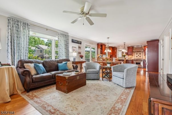 Dining room, Interior, Kitchen, Living room, Pendant Lights, Stainless Steel Appliances, Wood Texture Flooring