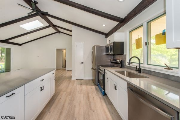 Interior, Kitchen, Recessed Lighting, Stainless Steel Appliances, Wooden Beams, Wood Texture Flooring