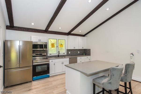 Interior, Kitchen, Recessed Lighting, Stainless Steel Appliances, Wooden Beams, Wood Texture Flooring