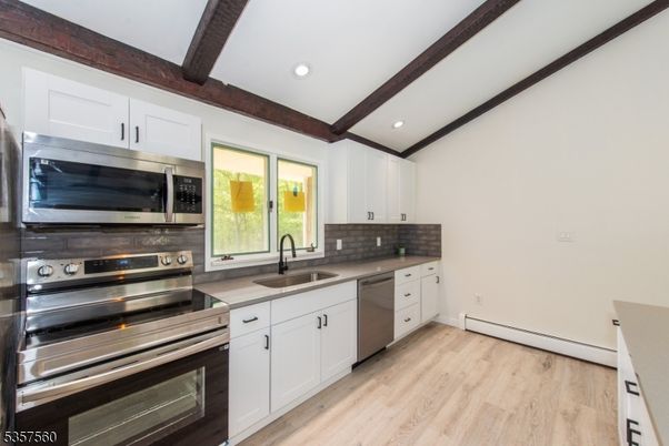 Interior, Kitchen, Recessed Lighting, Stainless Steel Appliances, Wooden Beams, Wood Texture Flooring