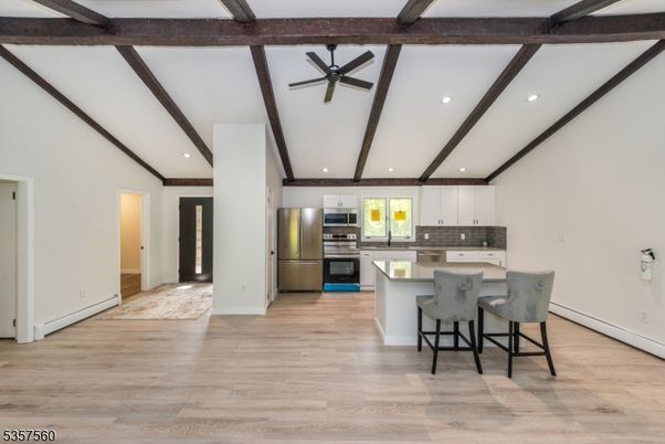 Interior, Kitchen, Recessed Lighting, Stainless Steel Appliances, Wooden Beams, Wood Texture Flooring