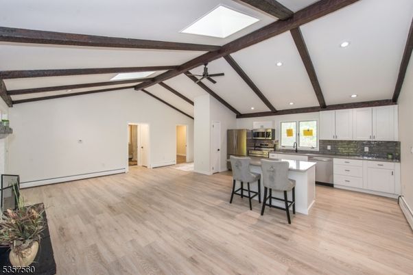 Interior, Kitchen, Recessed Lighting, Stainless Steel Appliances, Wooden Beams, Wood Texture Flooring