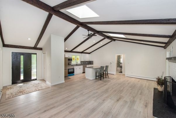 Dining room, Fireplace, Interior, Kitchen, Recessed Lighting, Wooden Beams, Wood Texture Flooring
