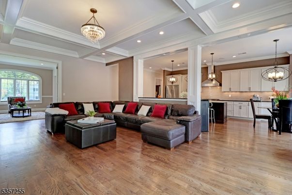 Chandelier, Dining room, Interior, Kitchen, Living room, Pendant Lights, Recessed Lighting, Wood Texture Flooring