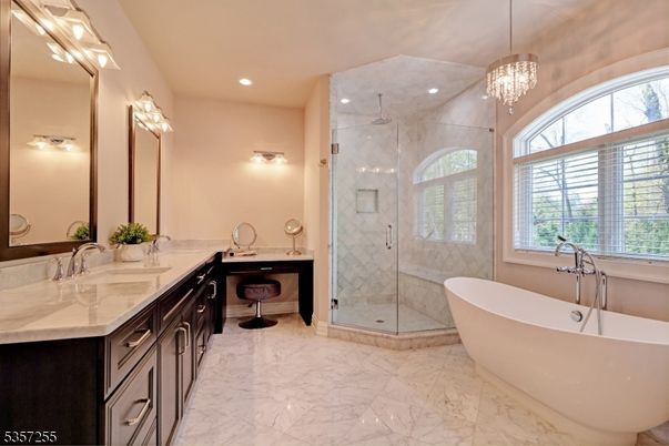 Bathroom, Dual Sink Vanities, Free Standing Baths, Glass Shower, Interior, Marble, Marble Walls, Pendant Lights, Recessed Lighting