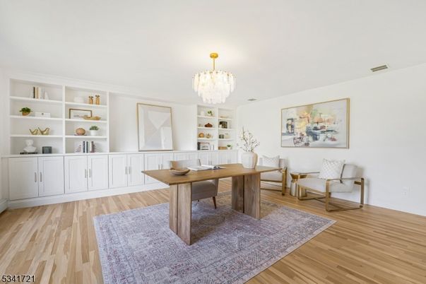 Chandelier, Home Office, Interior, Wood Texture Flooring