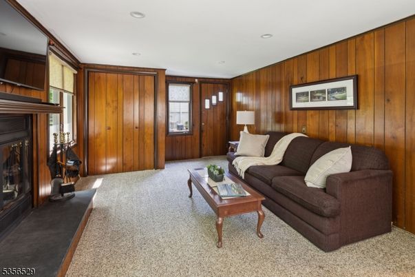 Fireplace, Interior, Living room, Recessed Lighting, Wooden Walls