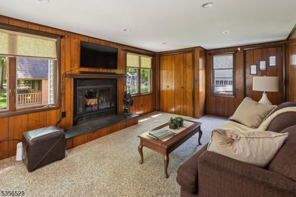 Fireplace, Interior, Living room, Recessed Lighting, Wooden Walls