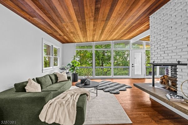 Fireplace, Interior, Living room, Stone Walls, Wooden Ceilings, Wood Texture Flooring